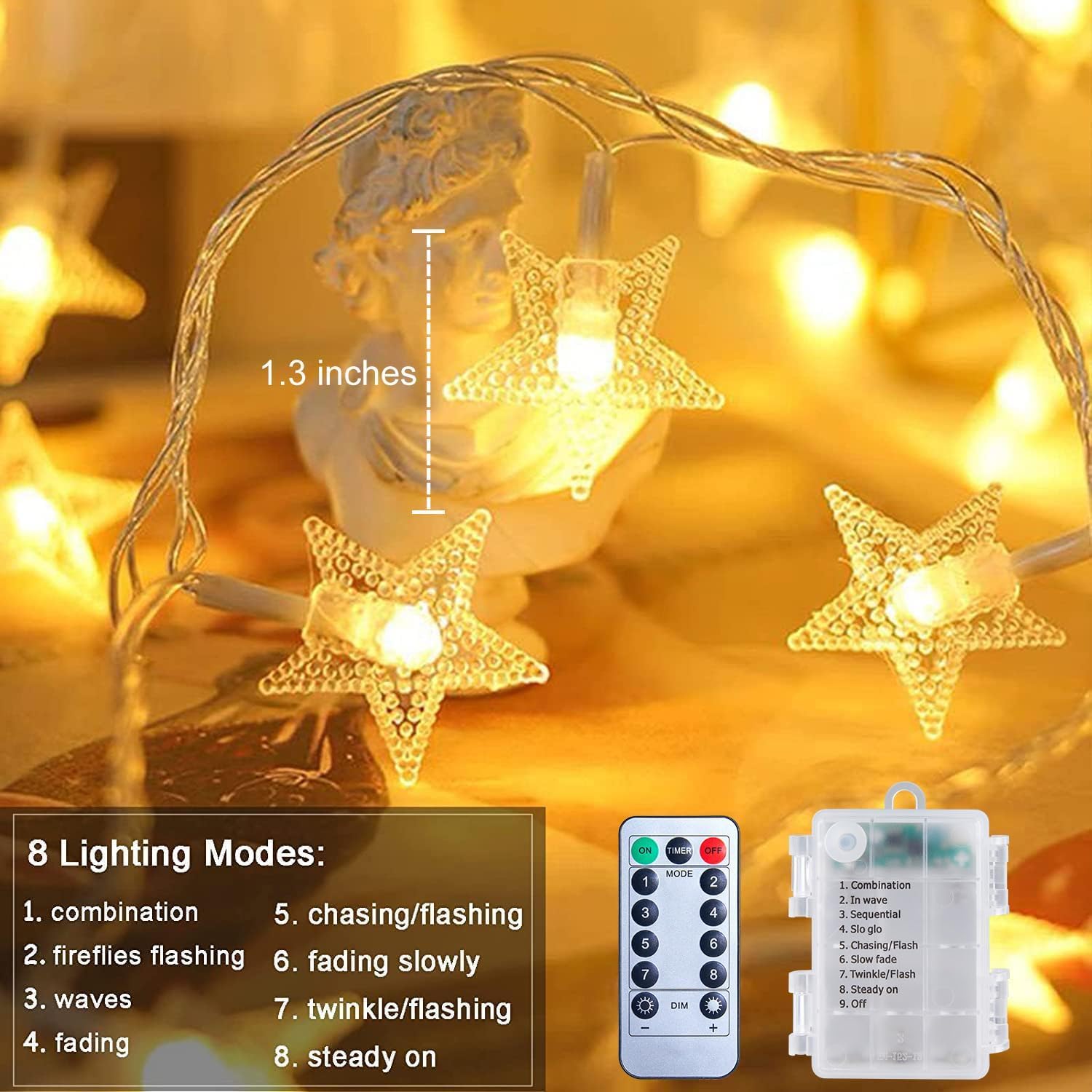 17 ft 50 LED Battery Operated Star String Lights with Remote and Timer, Warm White