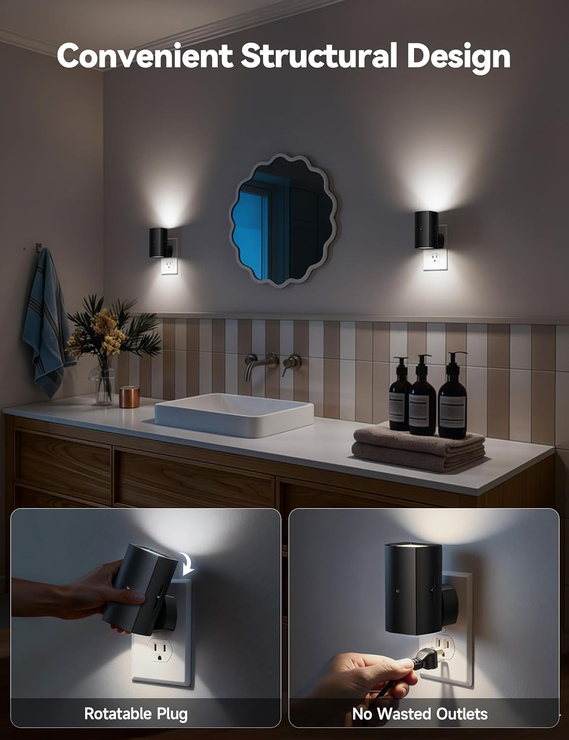 2 Pack Black Plug in Night Lights with Rotating Plug & Light Sensor for Bathroom Bedroom, Pure White Light
