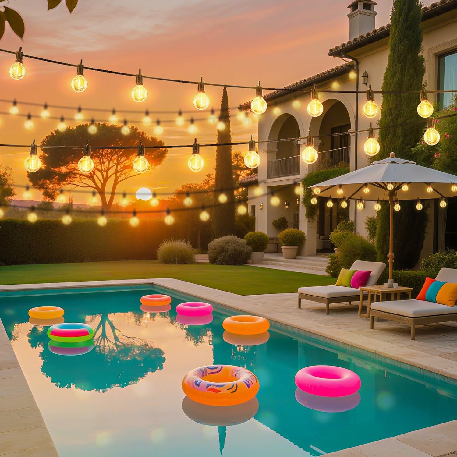 38FT Solar Powered G40 15 LED Bulbs String Lights for Patio Garden Cafe Wedding Deck