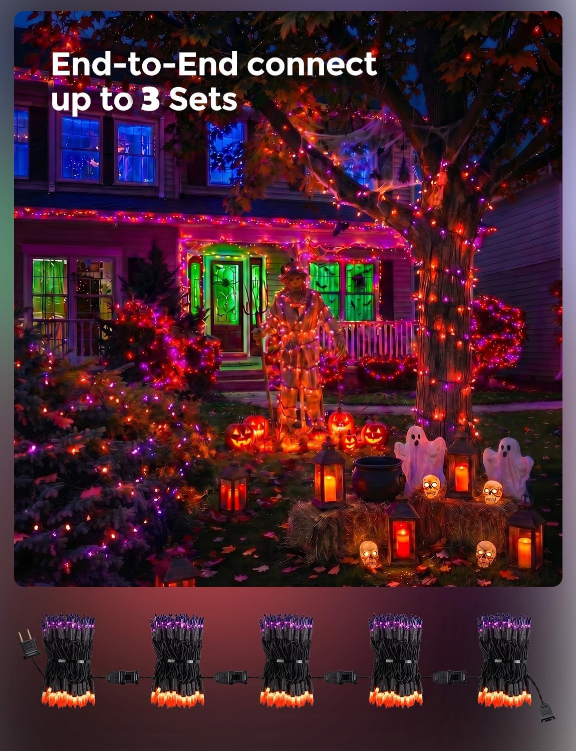 40Ft Plug in Mini Bulbs String Light for Halloween Haunted House Party, Orange & Purple