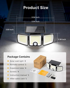 2 Pack Solar Powered 223 LED 3 Head Security Flood Lights with Motion Sensor, 3 Modes