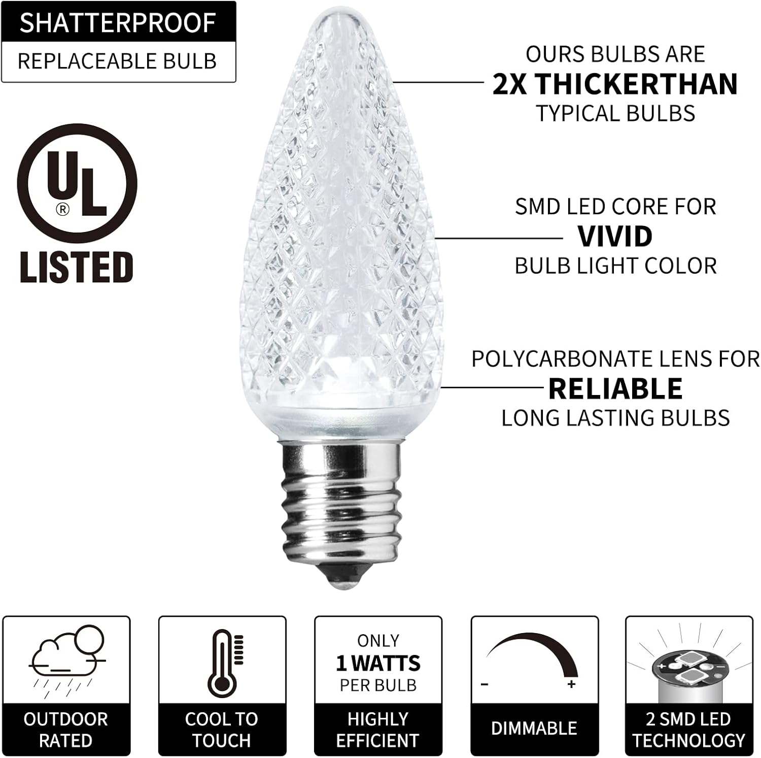 100Ft Plug in 100 Pure White C9 Strawberry LED Bulbs String Lights for Christmas Pathway, Green Wire