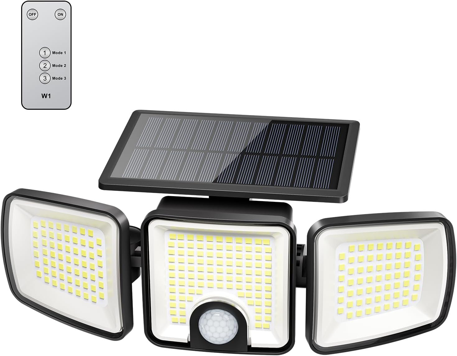 1 Pack Solar Powered 223 LED 3 Head Security Flood Lights with Motion Sensor, 3 Modes