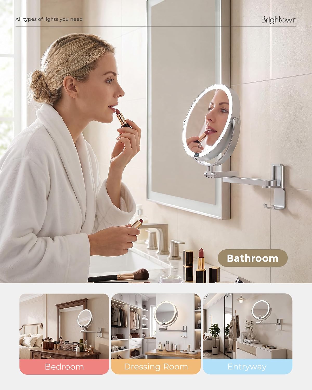 4000mAh Rechargeable Wall Mounted Lighted Makeup Mirror, 3 Color Lights & Smart LED Digital Display