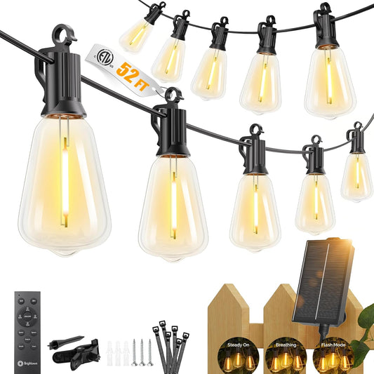 52FT Solar Powered ST38 15+1 Shatterproof LED Blubs String Lights Outdoor for Backyard Porch Deck