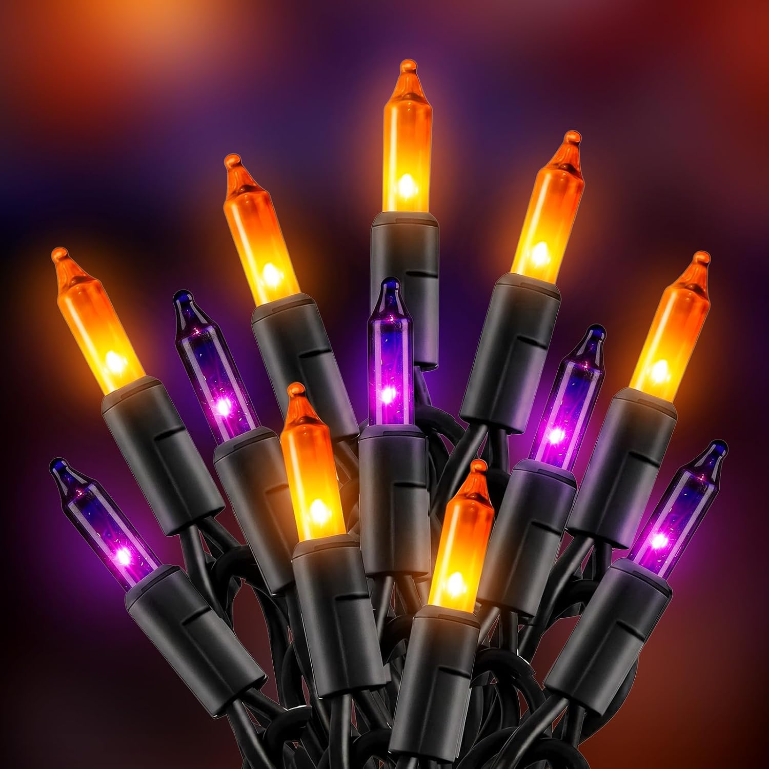 20Ft 100 LED Plug in Clear Mini Incandescent Bulbs String Light for Halloween, Orange and Purple