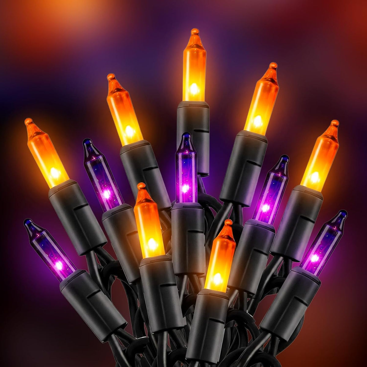 20Ft 100 LED Plug in Clear Mini Incandescent Bulbs String Light for Halloween, Orange and Purple