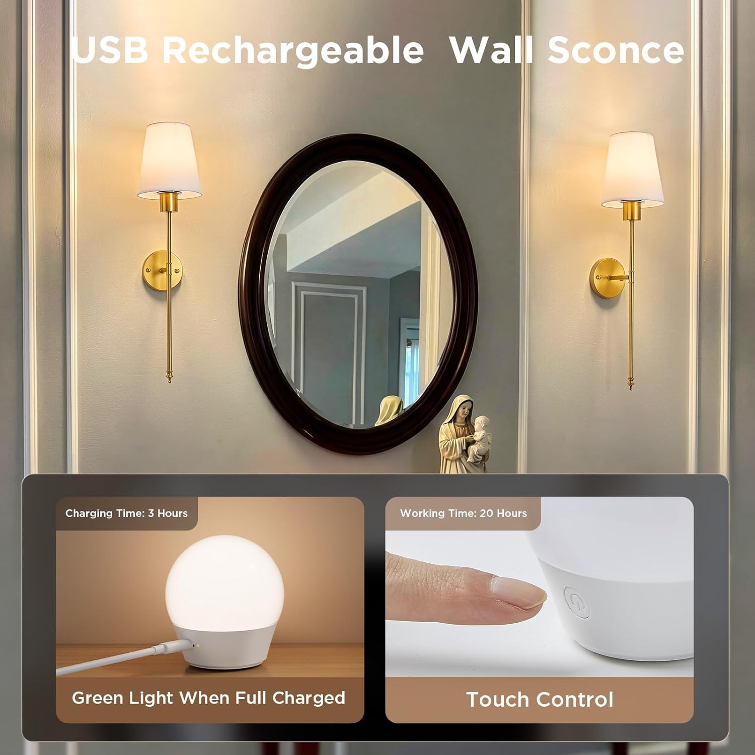 2 Pack Battery Operated Wireless Rechargeable Wall Sconce Lamp Lights for Bedroom, 12 Colors