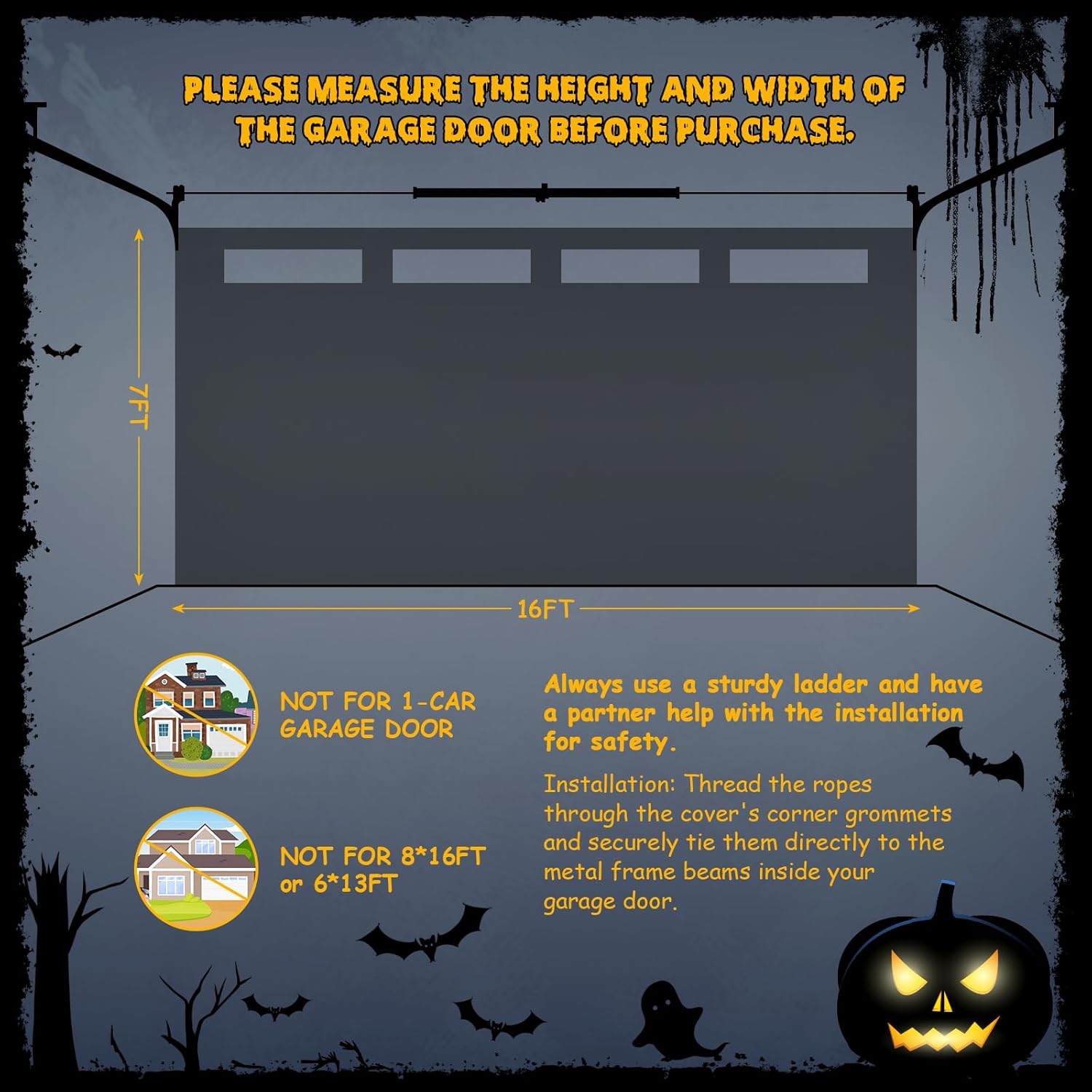Brightown Halloween Garage Door Cover (7x16FT, Black) for 2-Car Garage Door - with Magnetic Hook & Ropes