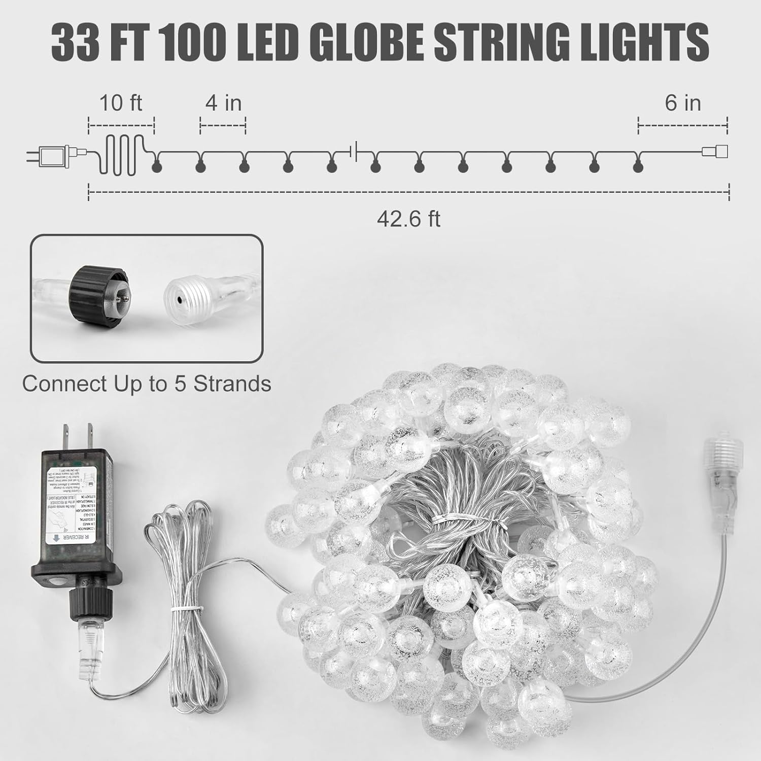 33ft 100 LED Plug in Crystal Globe Fairy Lights with Remote for Bedroom Tent, 8 Modes, White