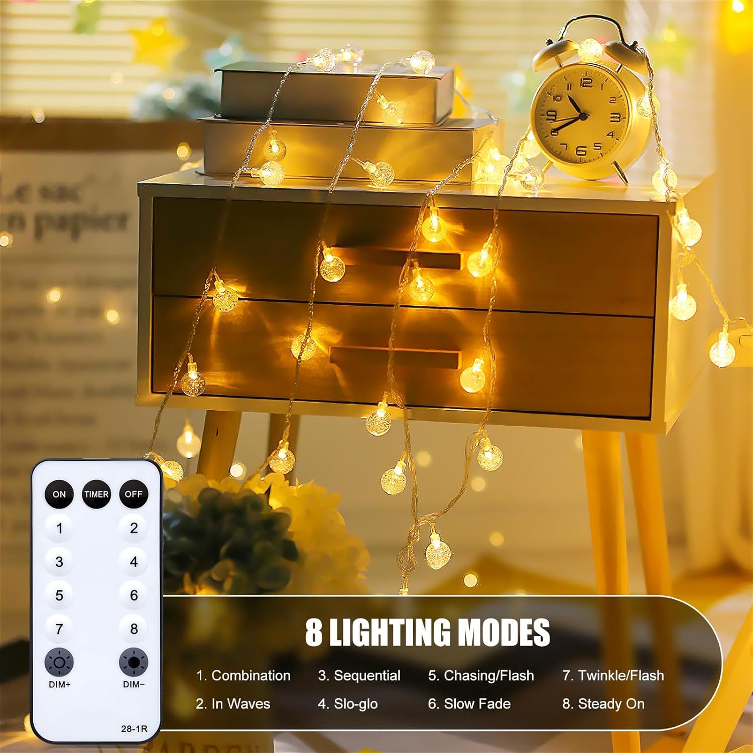33ft 100 LED Plug in Crystal Globe Fairy String Lights with Remote, 8 Modes, Warm White