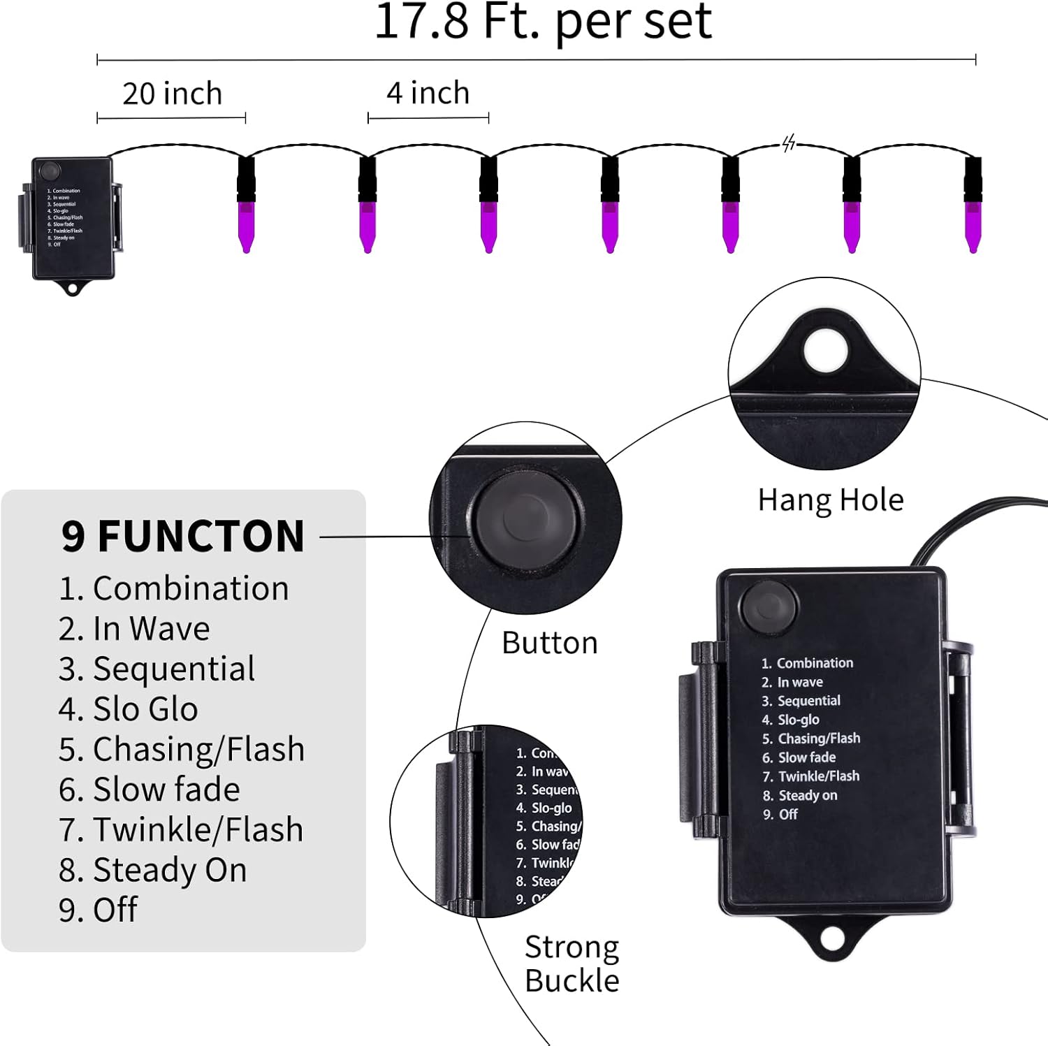 2Pack 17.8Ft 50 LED Battery Operated Clear Mini Incandescent Bulbs String Light for Halloween, Purple