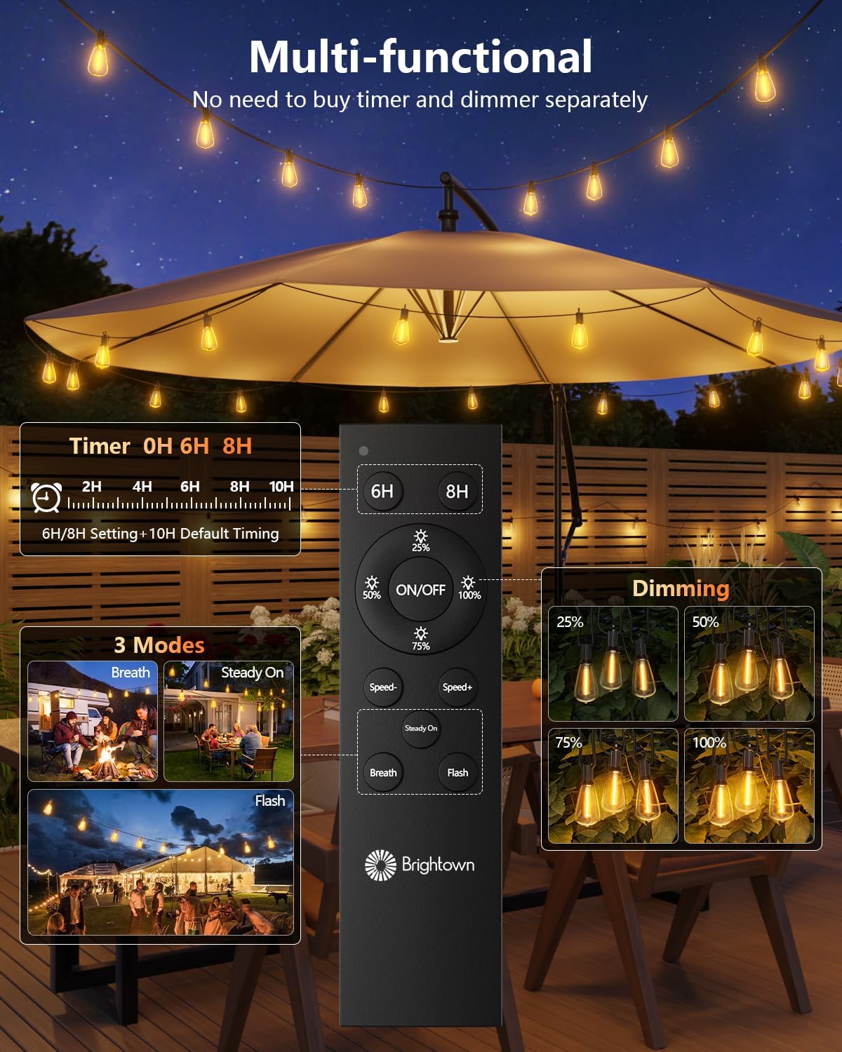 100FT Solar String Lights Outdoor Waterproof with Remote, 31+1 LED Shatterproof Bulbs, Dimmable & Timable, 3 Light Modes