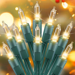 10 Feet 50 LED Plug in Clear Mini Incandescent Bulbs String Light for Christmas Trees, Green Wire