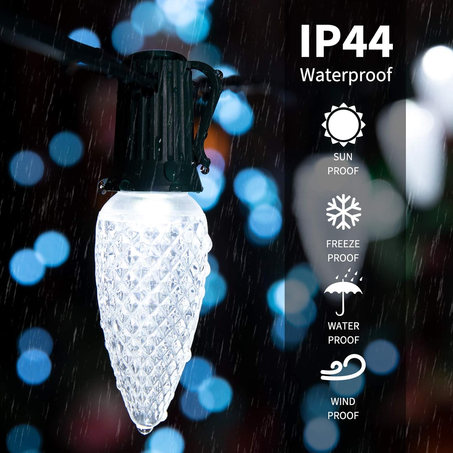100Ft Plug in 100 Pure White C9 Strawberry LED Bulbs String Lights for Christmas Pathway, Green Wire