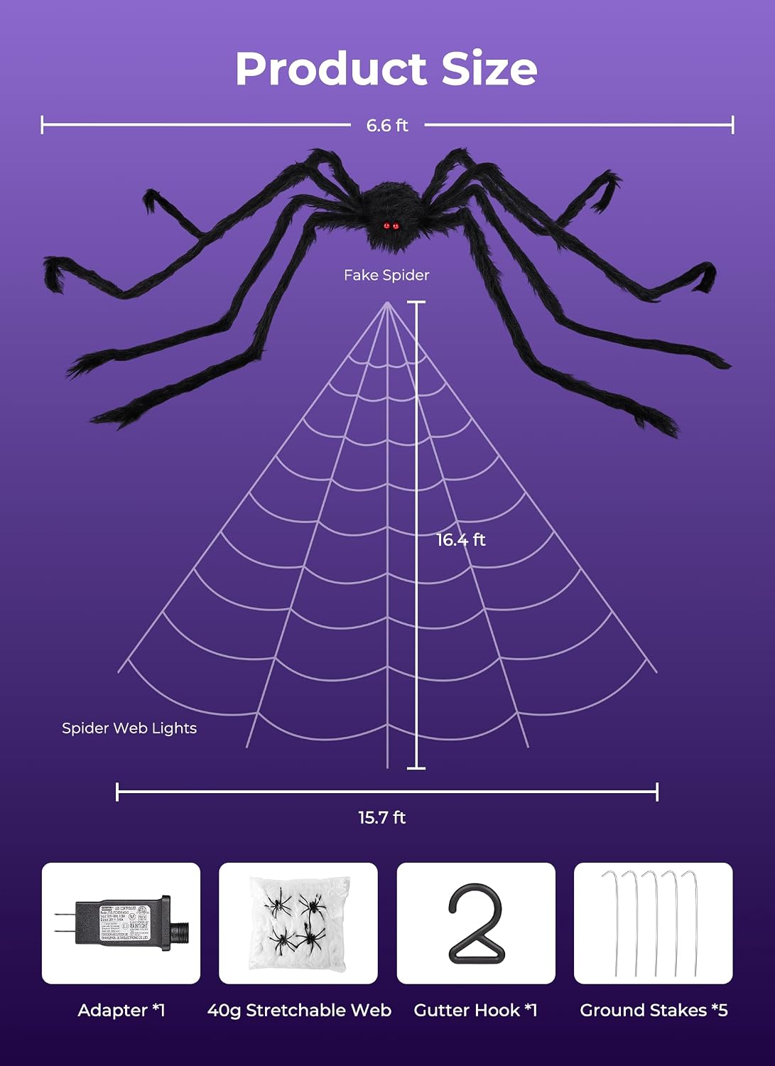 16.4Ft 225 LED Plug in Giant Spider Web Lights Set with Spider for Haunted House Halloween Decor