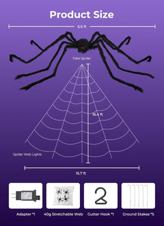 16.4Ft 225 LED Plug in Giant Spider Web Lights Set with Spider for Haunted House Halloween Decor