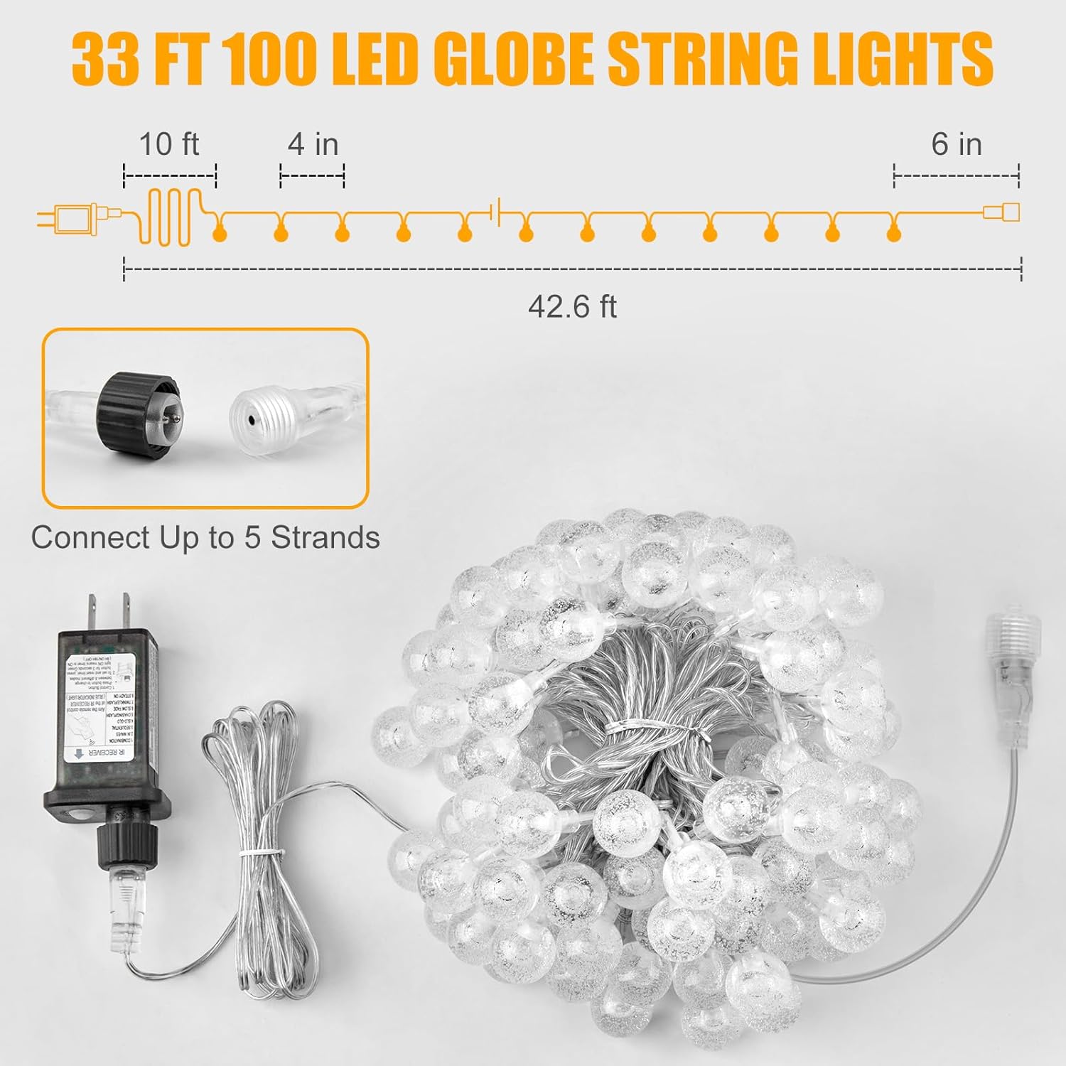 33ft 100 LED Plug in Crystal Globe Fairy String Lights with Remote, 8 Modes, Warm White