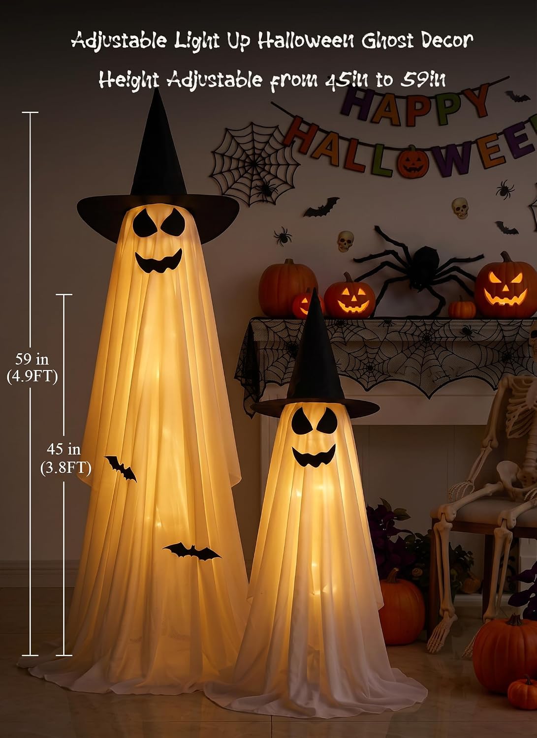 2 Pack Battery Operated Light Up Halloween Veil & Witch Hat Ghosts Decorations Outdoor