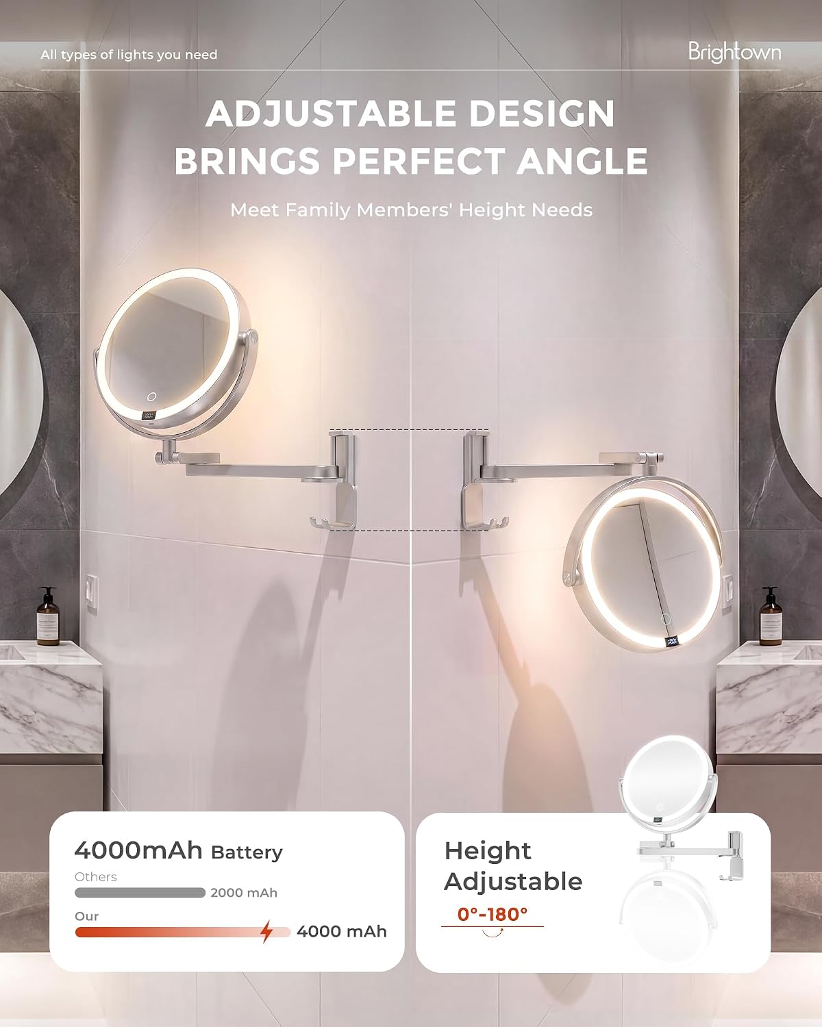 4000mAh Rechargeable Wall Mounted Lighted Makeup Mirror, 3 Color Lights & Smart LED Digital Display