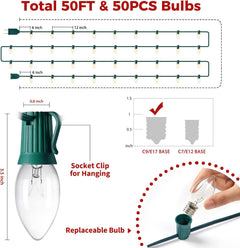 50FT Plug in 50 C9 Clear Bulbs Bright & Warm Christmas String Lights for Home Decor, Green Wire