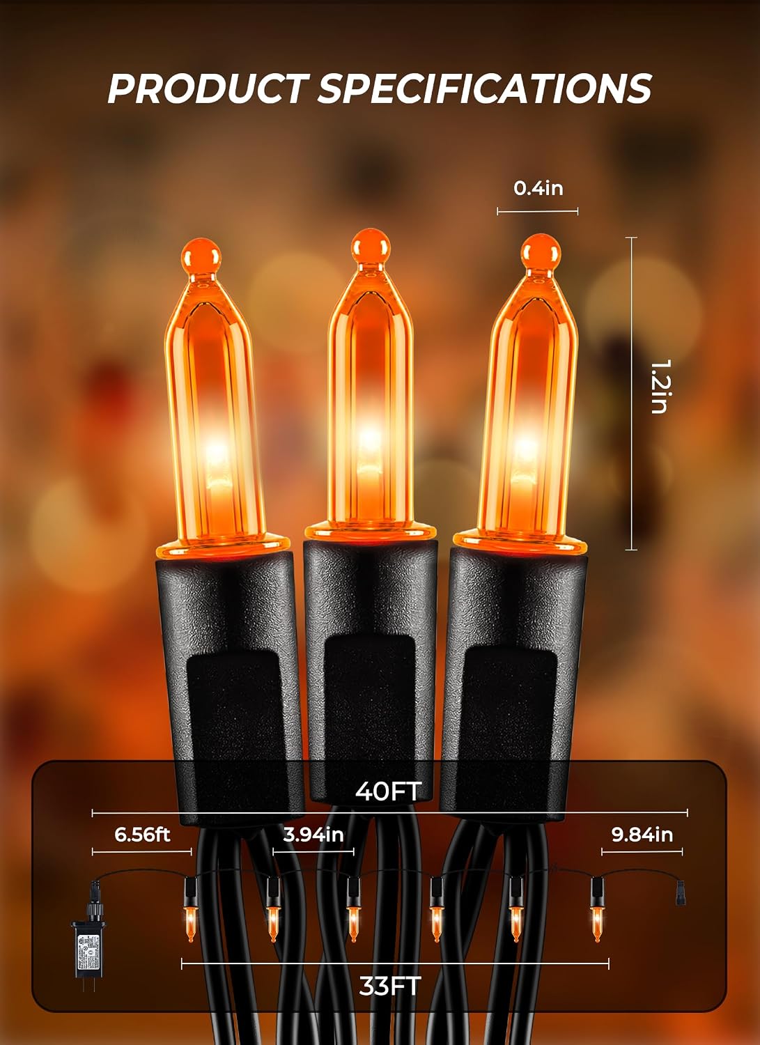 33FT Plug in 100 LED Mini Orange Lights for Halloween Fall Party Haunted House, 8 Modes