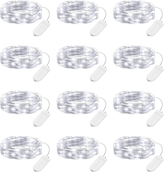 12 Pack 7FT 20 LED Battery Operated Silver Wire Firefly Starry Moon Lights for DIY Crafts, Cool White