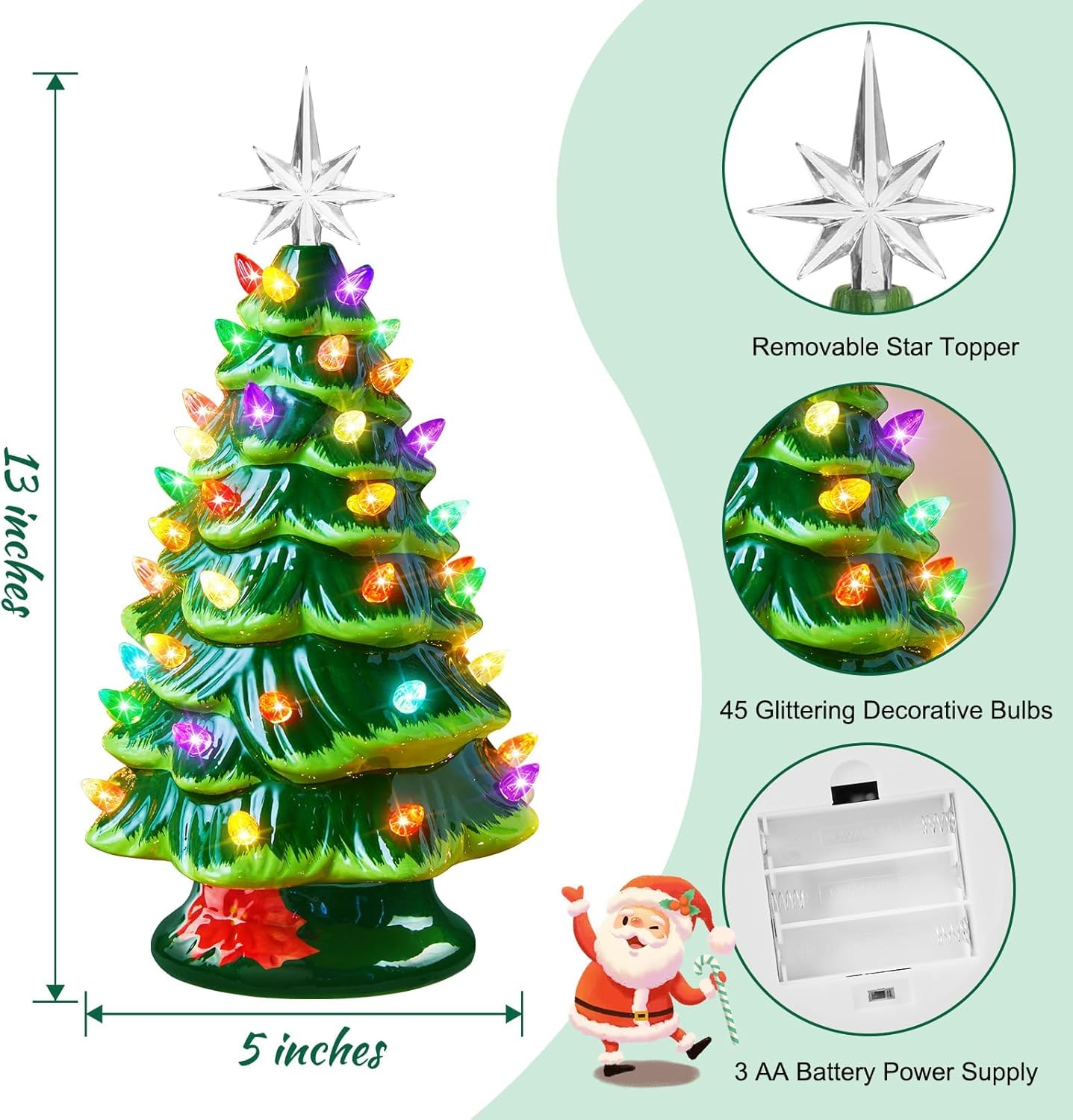 13 Inch Battery Operated Pre-lit Tabletop Ceramic Christmas Tree with Multicolored LED Lights, Green