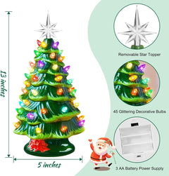 13 Inch Battery Operated Pre-lit Tabletop Ceramic Christmas Tree with Multicolored LED Lights, Green