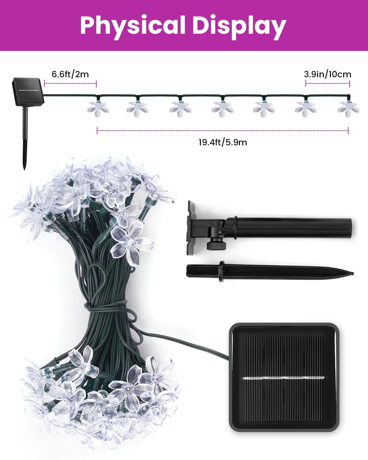 Solar Powered 26ft 60 LED Flowers String Lights for Garden Yard Fence Decor, Purple