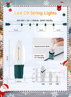 100 Feet C9 String Lights with 50 Shatterproof C9 Bulbs, Waterproof Connectable Christmas Tree Lights for Outside Patio Xmas Decorations (Warm White)