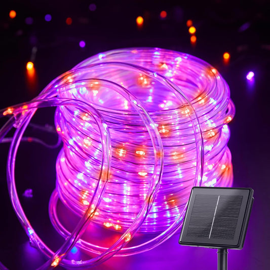 39FT 100LED Solar Rope Lights for Halloween Haunted House Party, 8 Modes, Orange and Purple