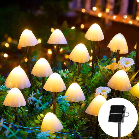 20 LED 32.8FT Solar Powered Mushroom String Lights for Garden Yard Fence Patio