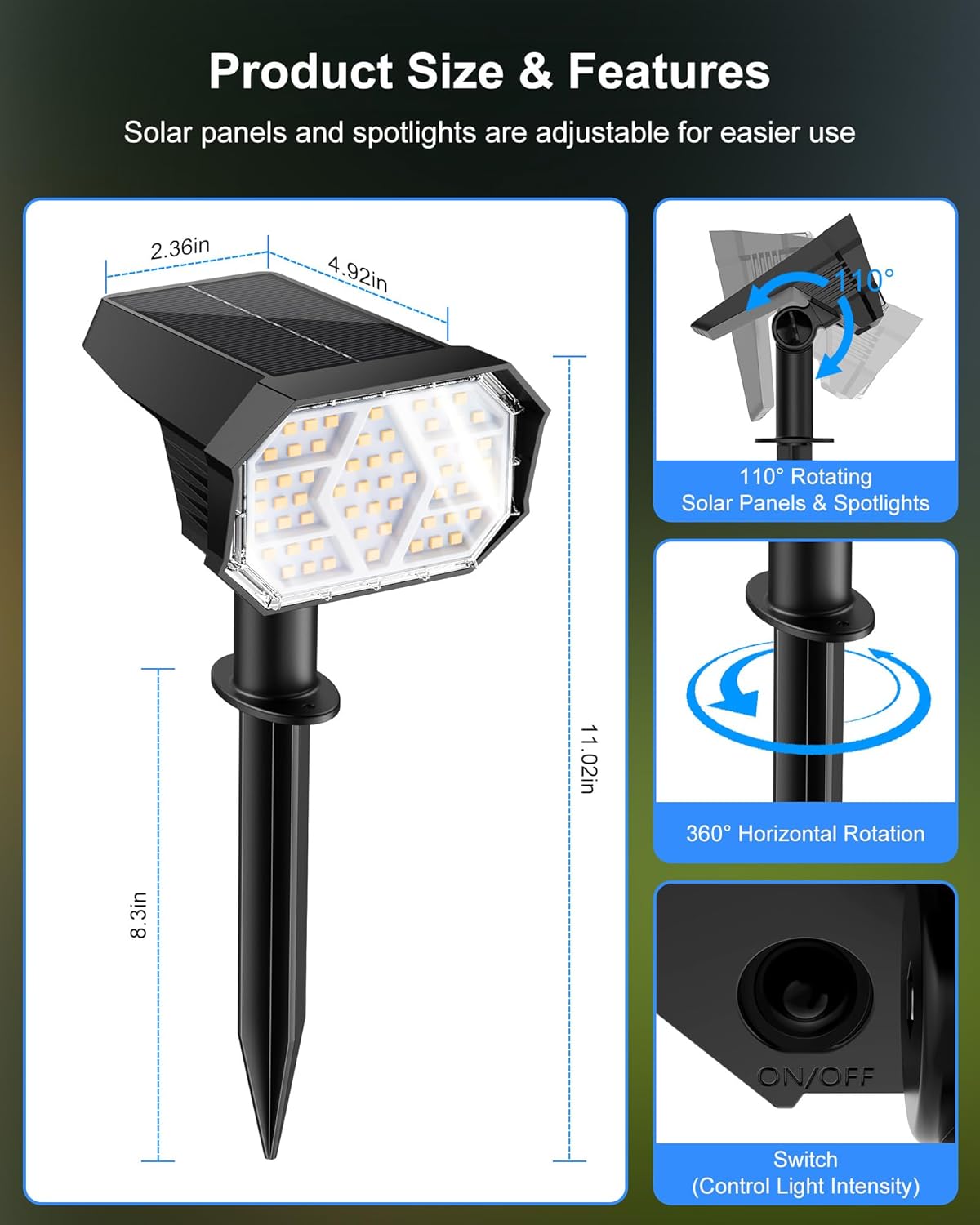 4Pack Solar Powered Spot Pathway Lights Outdoor Waterproof with 3 Light Modes for Backyard Garden (Warm White)