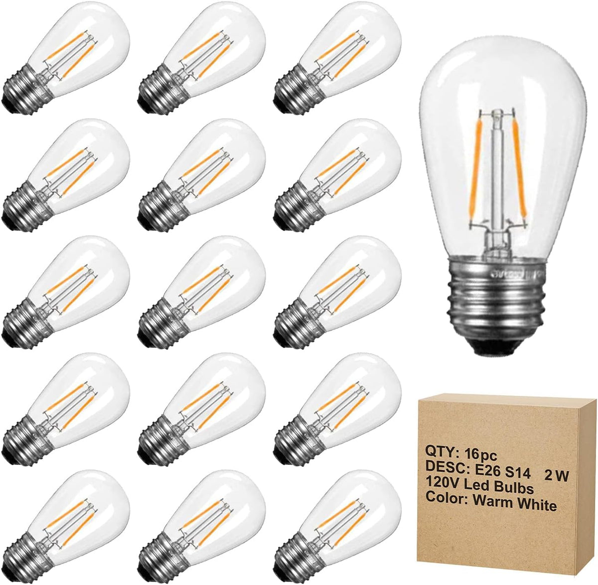 Shatterproof S14 LED Outdoor Light Bulbs - 16 Pack, E26 Base, 2W