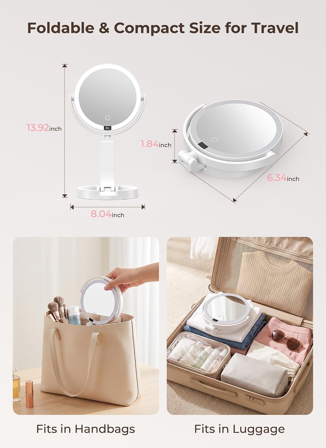 Rechargeable Foldable 1X & 10X Magnification Makeup Mirror with Lights and Smart Battery Display