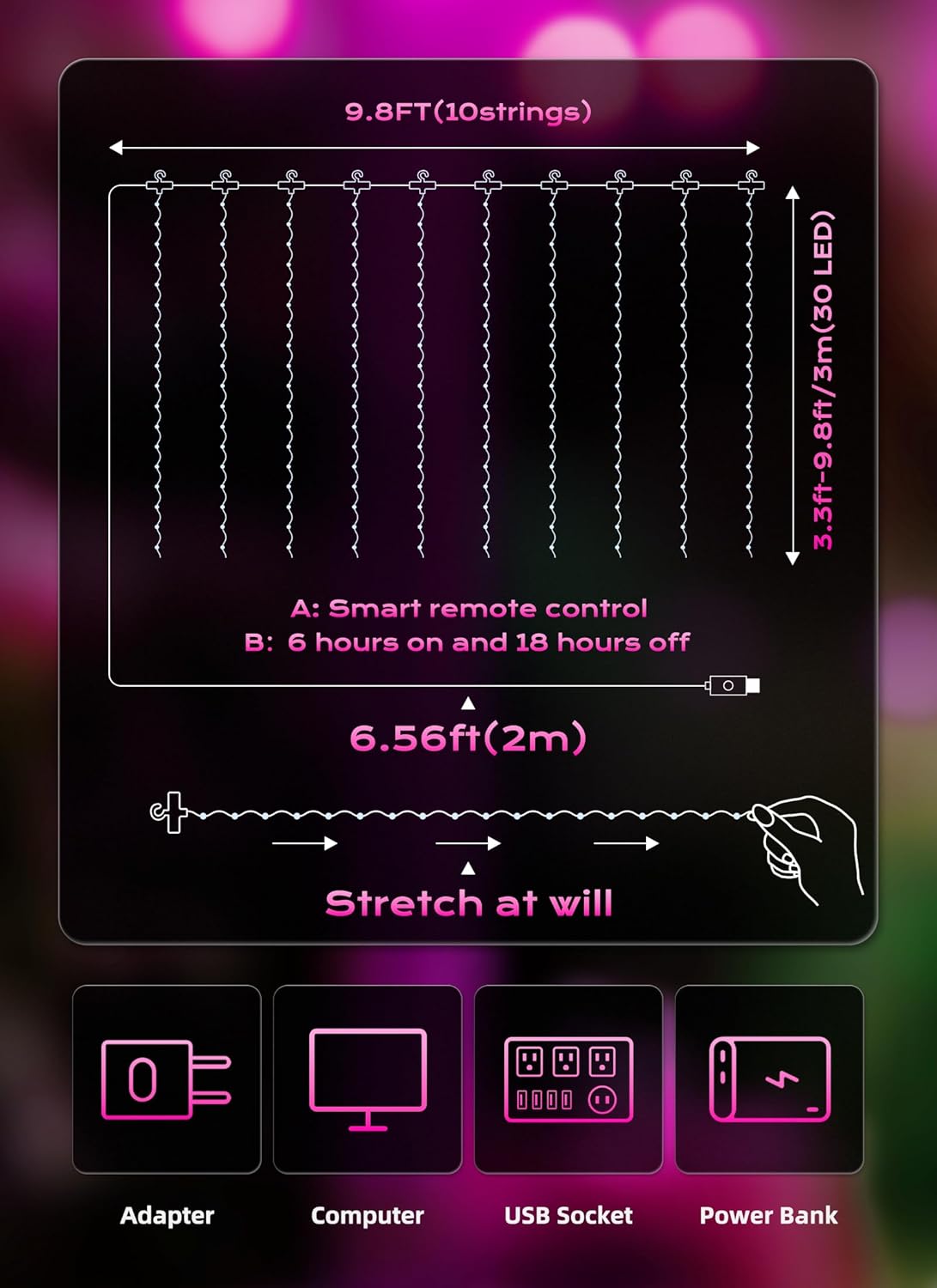 300 LED USB Powered Dimmable Window Curtain Lights with Remote, Pink