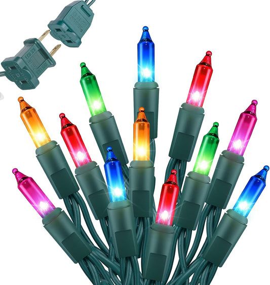 20ft 100 Count Plug in Multi-Colored Mini Bulbs String Lights for Christmas Decor, Green Wire