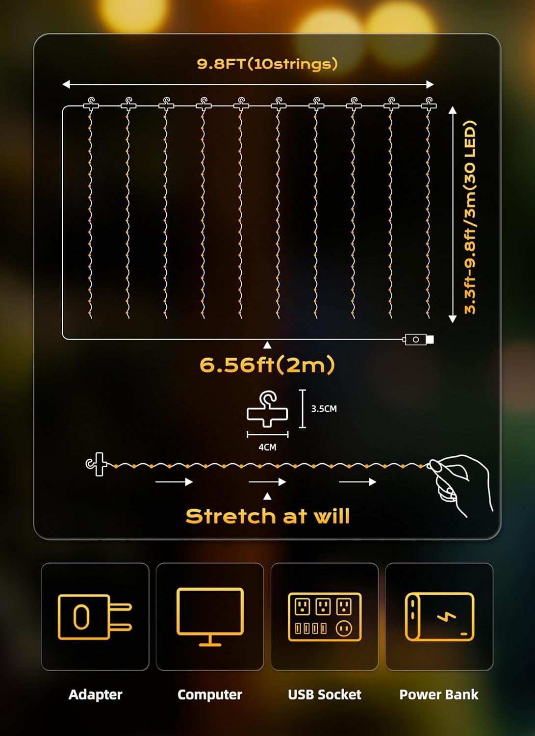 300 LED 9.8ft x 9.8ft Fairy Curtain Lights for Bedroom Christmas Decoration, USB Powered