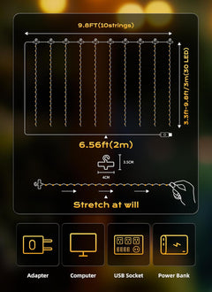 300 LED 9.8ft x 9.8ft Fairy Curtain Lights for Bedroom Christmas Decoration, USB Powered