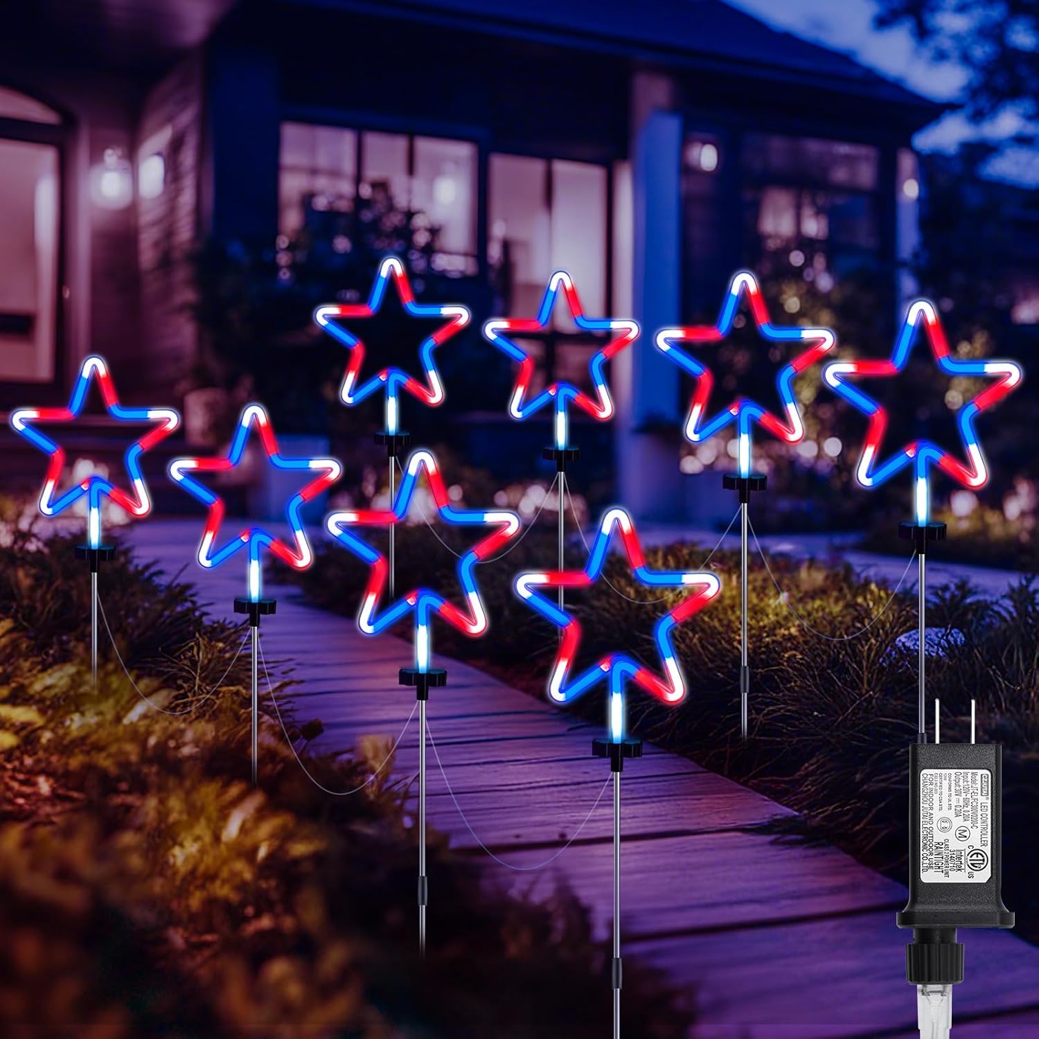 Red White Blue 4 Big Neon Star Outdoor Pathway Lights for 4th of July