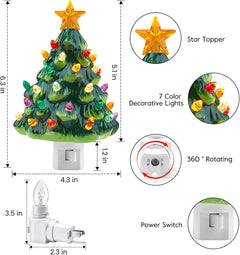 2 Pack Vintage Christmas 6" Ceramic Tree Night Light with Star Topper for Xmas Bedroom, Green