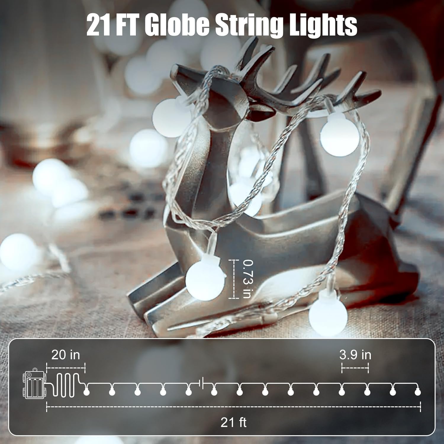 21FT 60 LED Battery Operated Globe Fairy Lights with Remote, 8 Modes, Cool White
