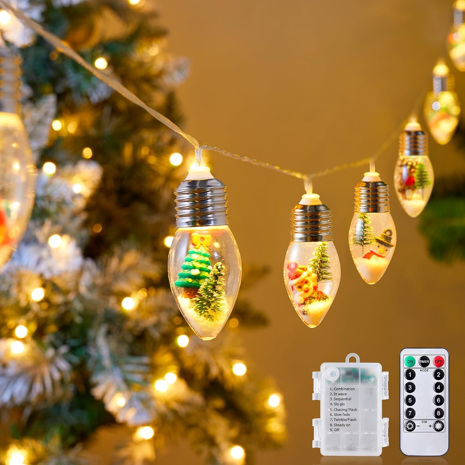 7.5Ft Battery Operated 10 C9 Christmas Snow Globe String Lights with Tree & Snow & Cute Ornaments