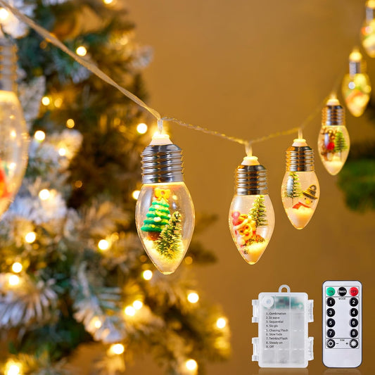 7.5Ft Battery Operated 10 C9 Christmas Snow Globe String Lights with Tree & Snow & Cute Ornaments