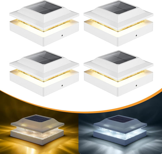 4 Pack Solar Powered Post Fence Cap Lights with 2 Color Modes for Patio Porch Garden, White