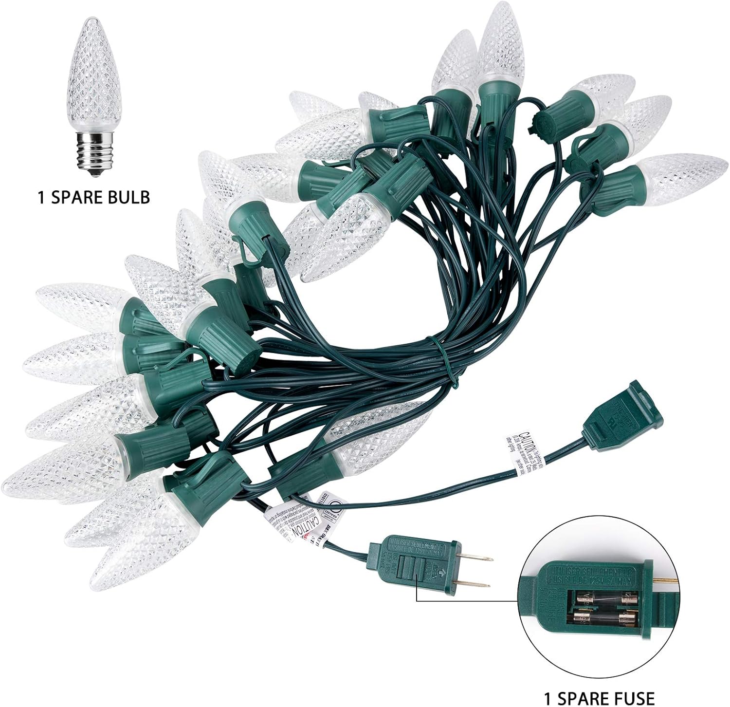 100Ft Plug in 100 Pure White C9 Strawberry LED Bulbs String Lights for Christmas Pathway, Green Wire