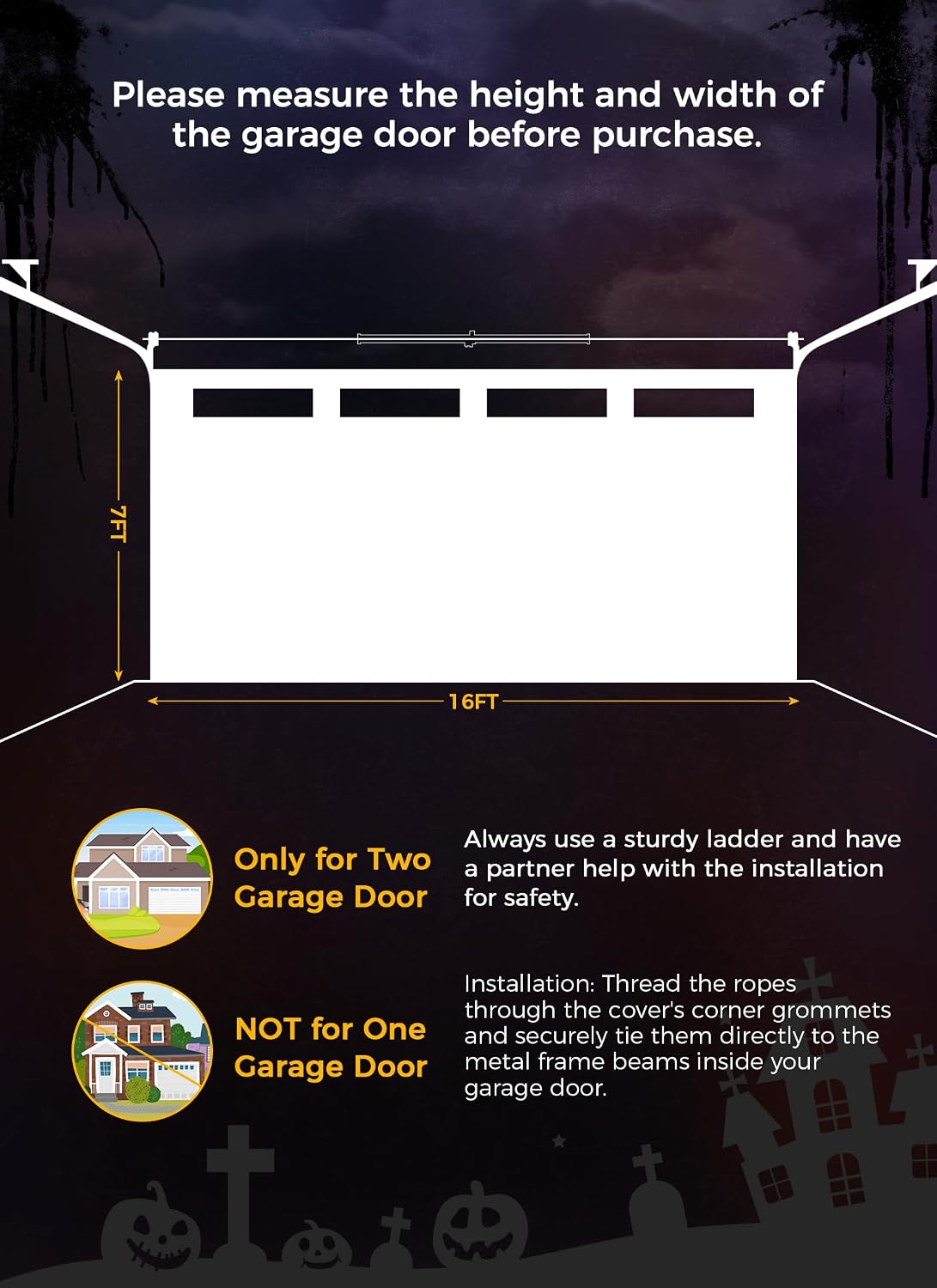 7x16ft Halloween Garage Cover for 2-Car Garage Door with Magnetic Hook and Ropes, Haunted Graveyard Castle