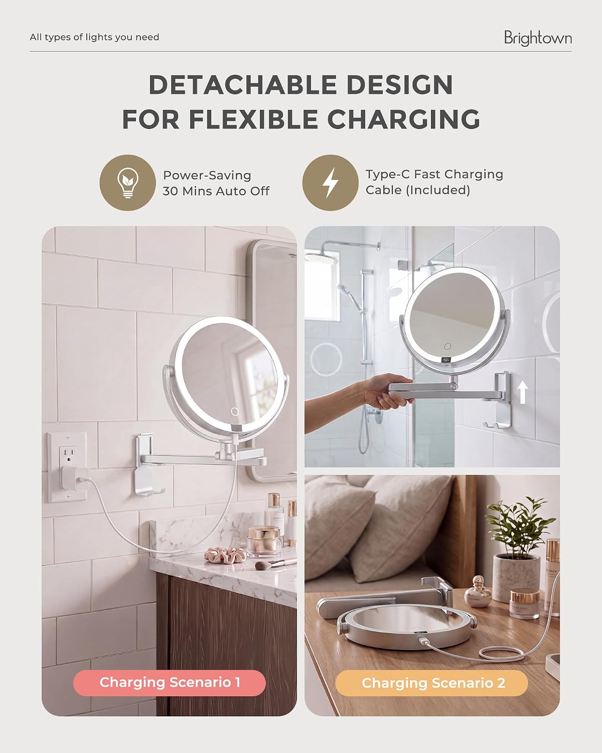 4000mAh Rechargeable Wall Mounted Lighted Makeup Mirror, 3 Color Lights & Smart LED Digital Display