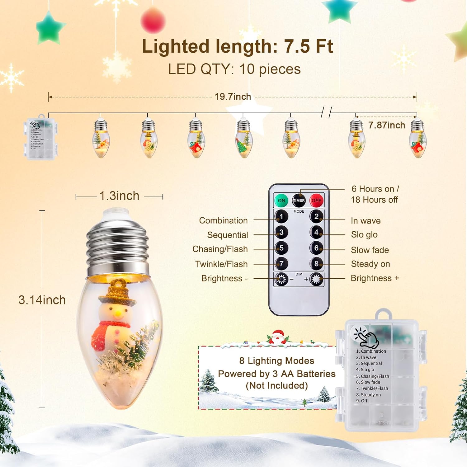 7.5Ft Battery Operated 10 C9 Christmas Snow Globe String Lights with Tree & Snow & Cute Ornaments
